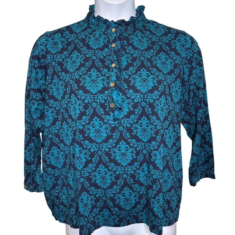 Lands End Womens Teal Navy Damask Ruffle Neck Blouse Size 2X Elegant Chic Office